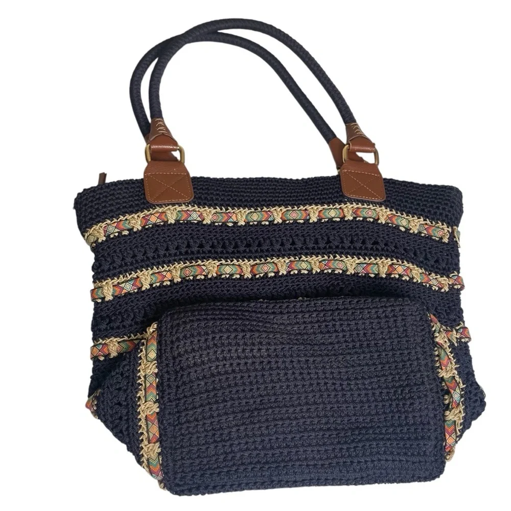 The Sak Cambria Crocheted Large Double Strap Zip‎ Top Tote Navy Woven Ribbon EUC